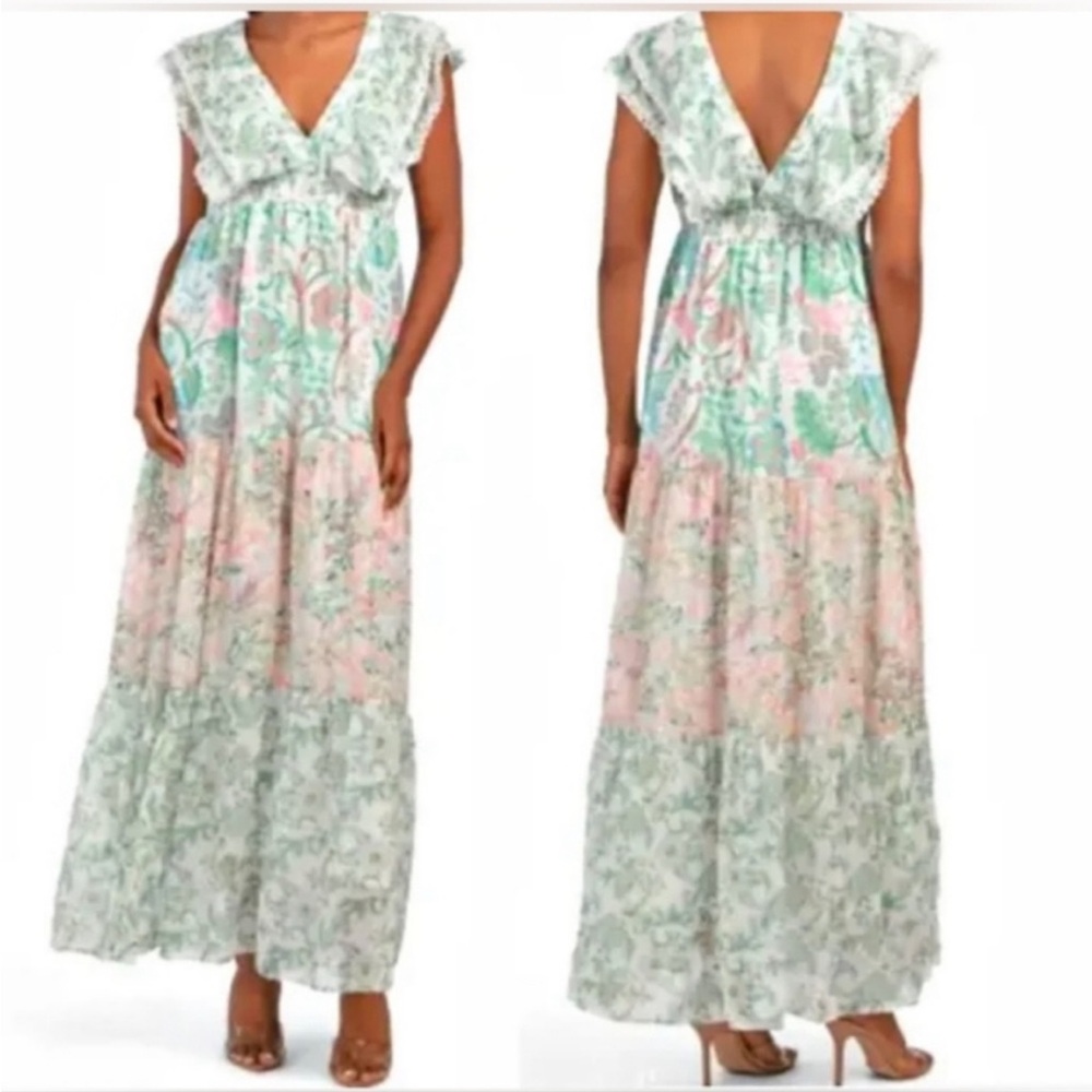 House of Harlow Floral Eyelet Ruffle V-Neck Tiered Maxi Dress Size Small